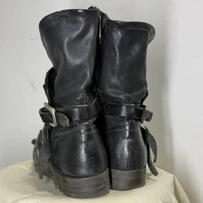 American Retro Motorcycle Boots For Men Distressed Western Boots Buckle Strap Knight Boots Leather Rock Punk Men's Boots