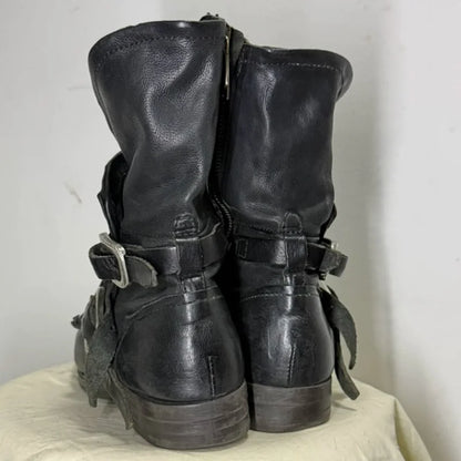 American Retro Motorcycle Boots For Men Distressed Western Boots Buckle Strap Knight Boots Leather Rock Punk Men's Boots