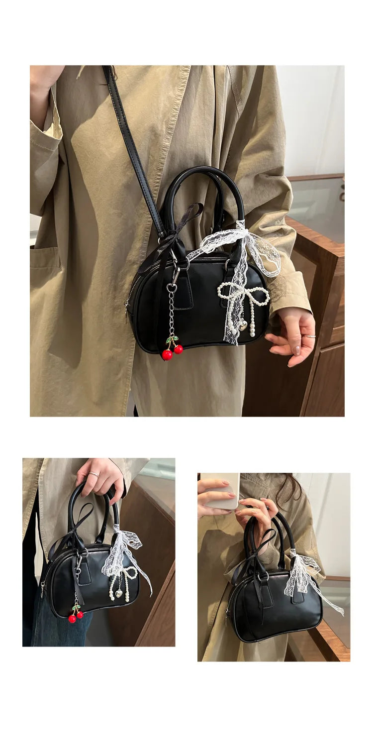 Vintage Leopard Pu Shoulder Bags for Women Portable Trendy Ladies Crossbody Bag Lace Pearl Pendant Female Bowling Handbags