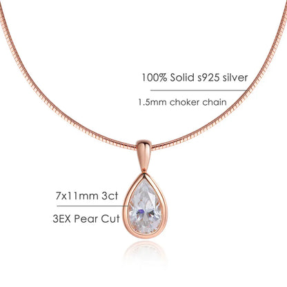 KNOBSPIN 3ct Pear Cut Moissanite Pendant Necklaces for Women Wedding Solitaire s925 Sterling Silver 1.5mm Choker Chain Necklace