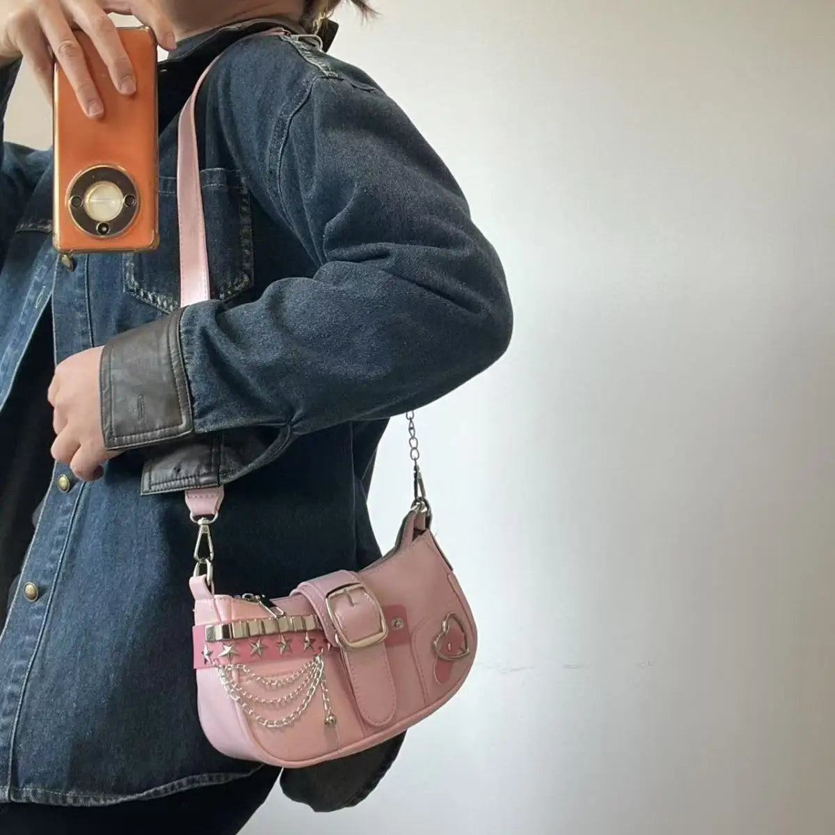 Fashion Hot Girls Square Shoulder Bags Retro Rivet Star Women's Underarm Bag Sweet Pu Leather Female Chain Handbags Pink Purse