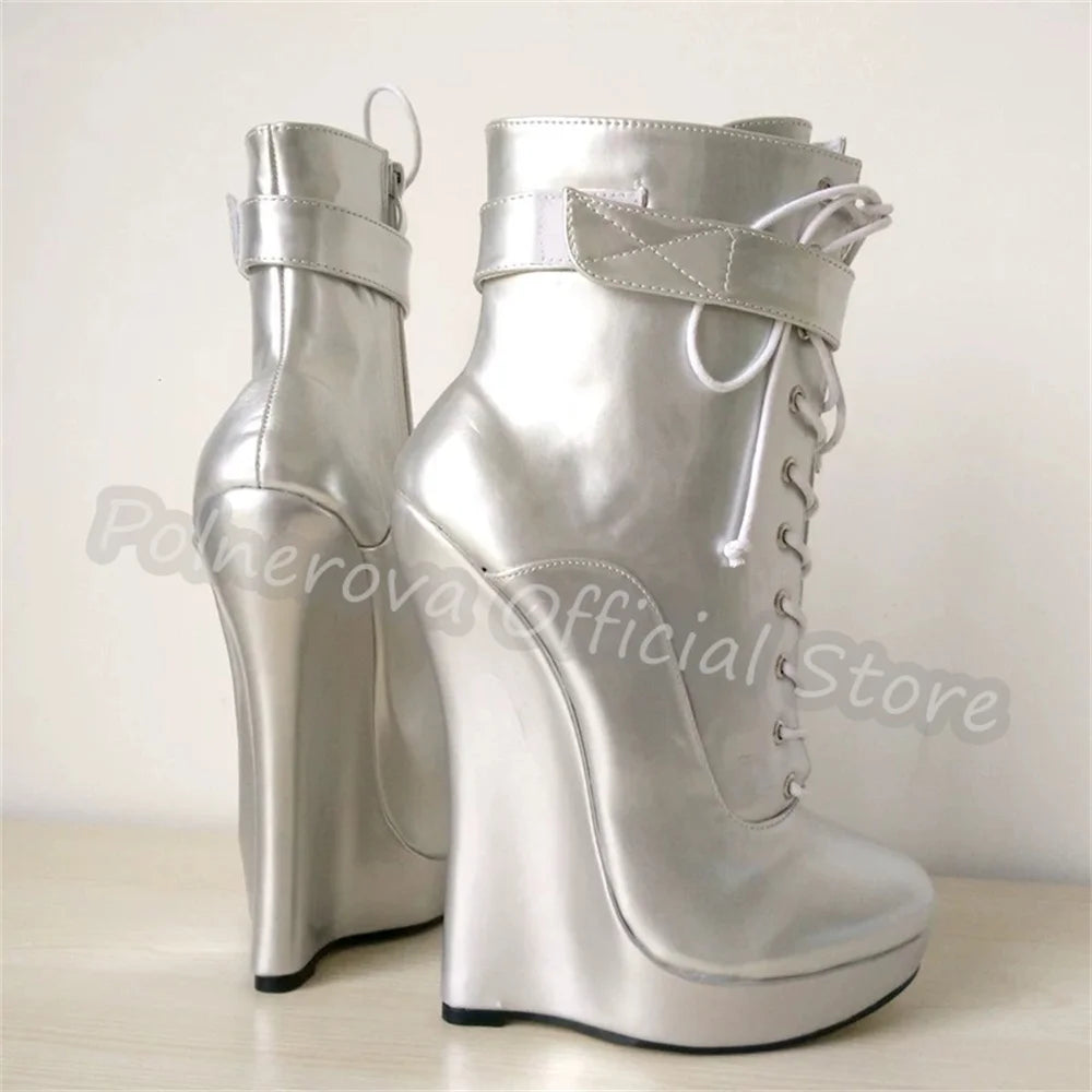 Gothic Punk Wedges Lace-Up Women Platform Boots Hoof Design Super High Heel Side Zipper Boots Unisex Pole Dance Party Shoes