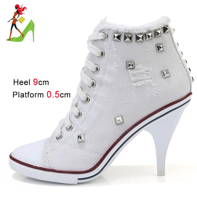 2024 NEW Spring High Heels Rivet Black Shoes Women Fashion Thin Heels Denim Canvas Shoes High Top Round Toe Lace Up Ladies Boots