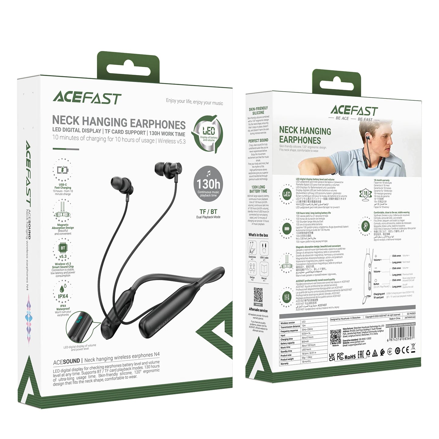 ACEFAST N4 Silicone Neckband Wireless Earphone With LED Digital Display Bluetooth 5.3 Music Sports In Ear Earbuds 800mAh Battery