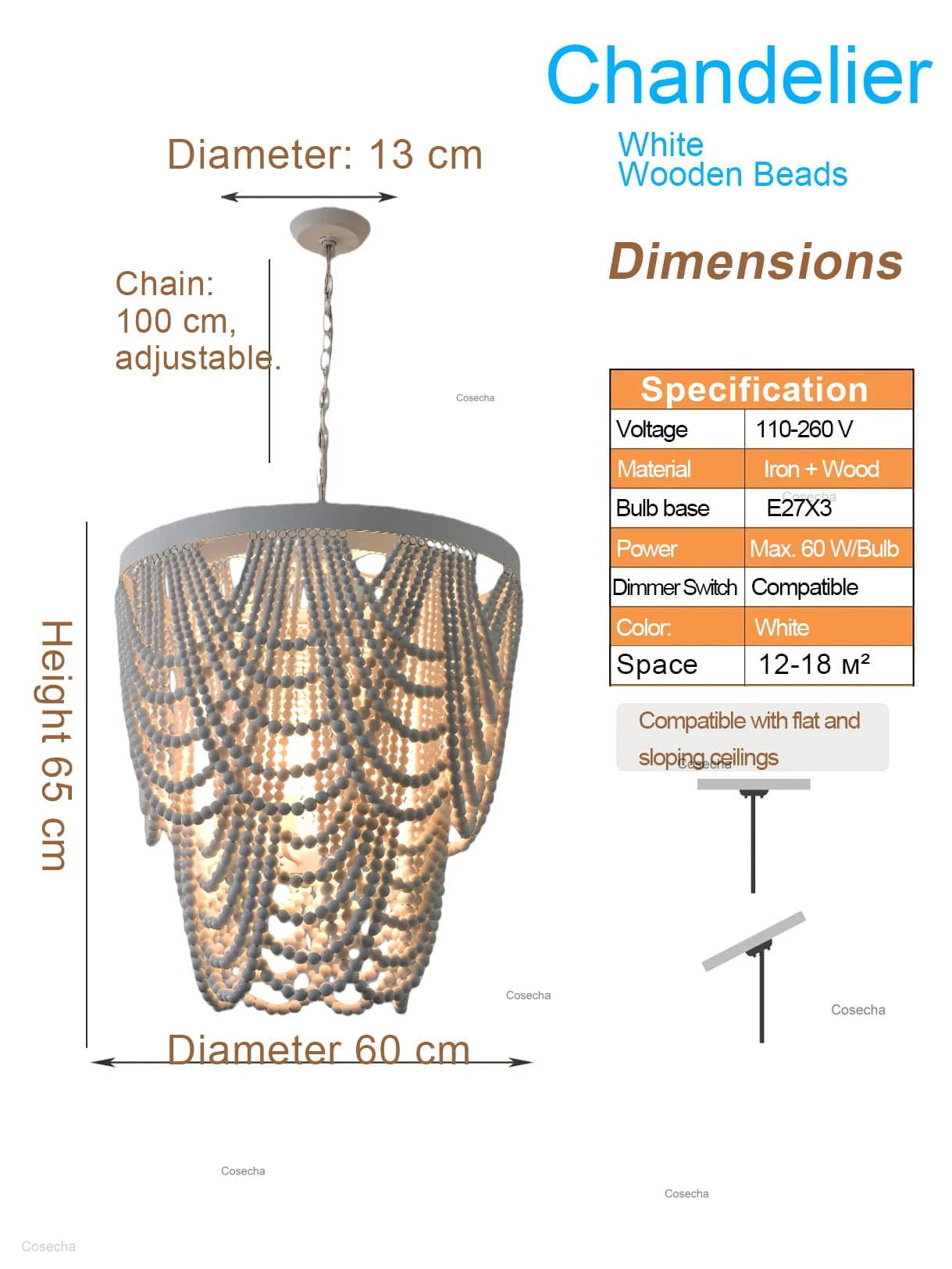 Black French Country Chandelier Large Hanging Lights Dia60 H65cm Living Room Boho Wood Bead Chandelier For Bedroom Dining Room