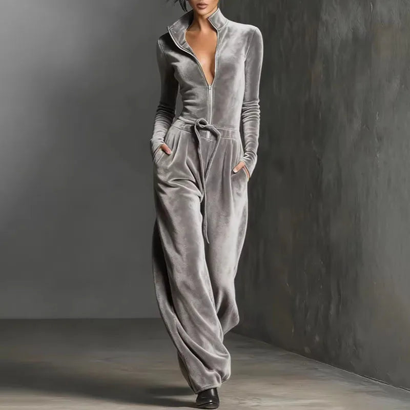2026 Spring Retro Solid Velvet Women's Jumpsuit Elegant Half Zip Stand Collar Drawstring Waist Overalls Casual Streetwear Romper