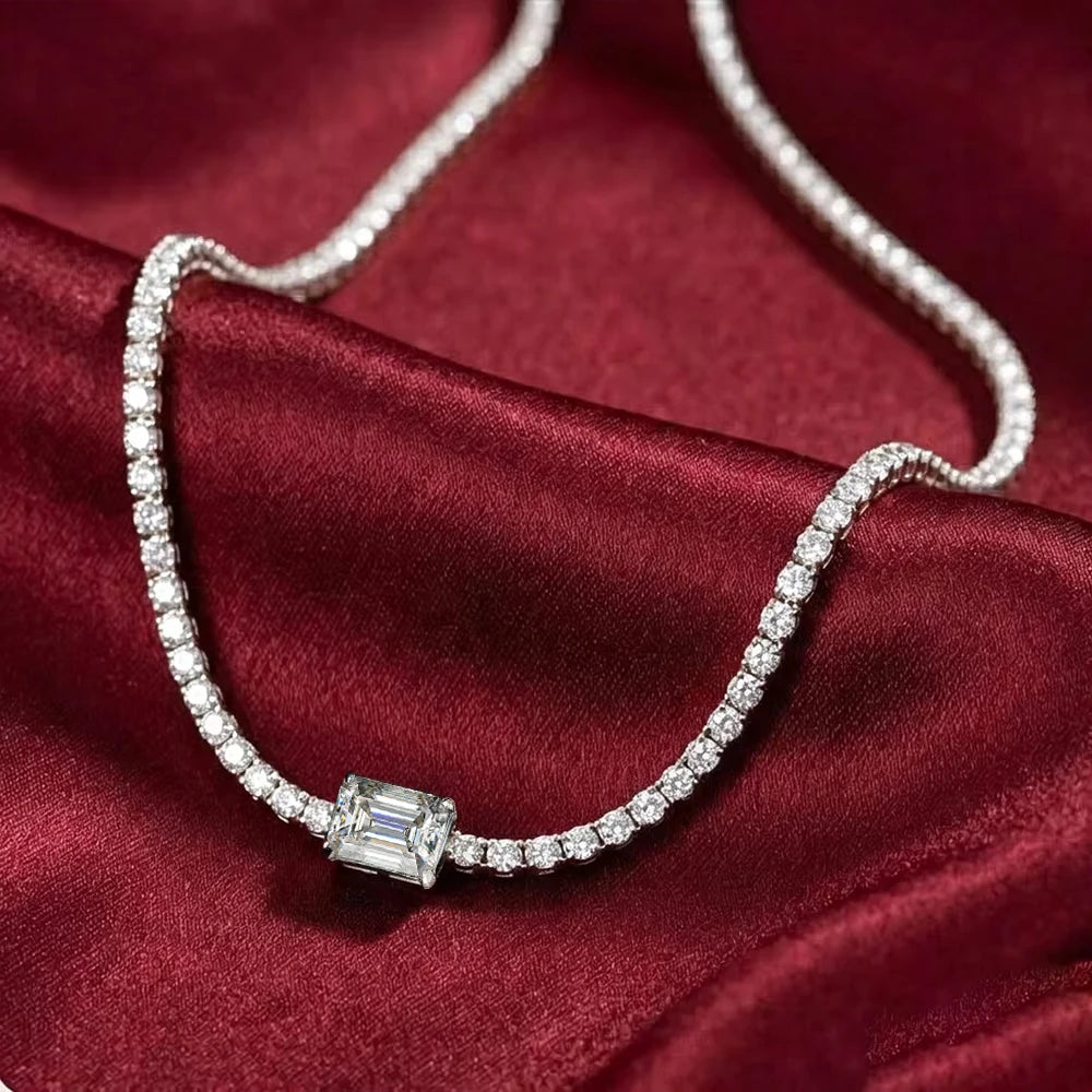 Full Moissanite Tennis Necklace With Emerald Cut Diamond Riviera Necklace S925 Silver Adjustable Layering Choker Fine Jewelry