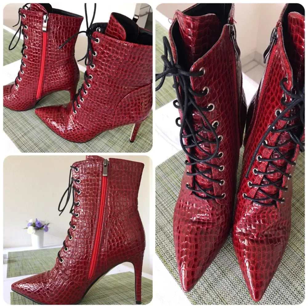 Sexy Ankle Cowboy Boots For Women Dance Shoes Fashion Snake Red White Black High Heels Lace Up Short Boot Autumn Large Size