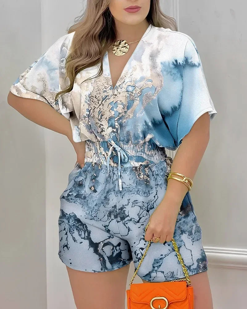 Rompers Elegant Women Short Sleeves Jumpsuits 2024 Summer Female Overalls Loose Casual Print Waist Wrapped One Piece Shorts