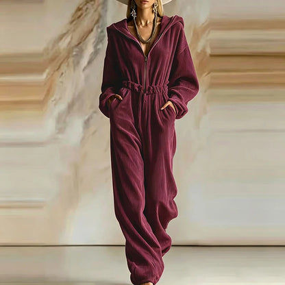 Elegant Ribbed Hooded Playsuit Overalls Women Fashion Zipper Hight Waist Long Jumpsuits Casual Long Sleeve Pocket Party Rompers