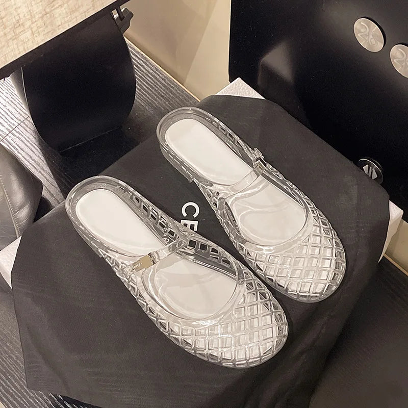 Women's Light Luxury Crystal Jelly Mary Jane Flat Sandals Hollow-out Breathable Closed Toe Summer Casual Non-slip Slip-on Shoes