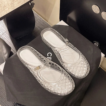 Women's Light Luxury Crystal Jelly Mary Jane Flat Sandals Hollow-out Breathable Closed Toe Summer Casual Non-slip Slip-on Shoes
