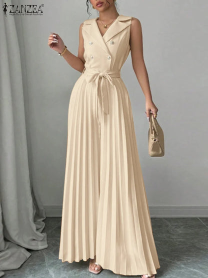 Fashion Women Jumpsuits 2026 ZANZEA Summer Rompers Elegant Wide Leg Work OL Overalls V Neck Sleeveless Pleated Playsuit Trousers