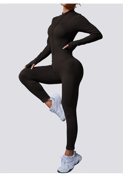 Screw Zipper Long Sleeve Jumpsuit Woman Slim Gym Workout Running Yoga Jumpsuits Women V Neck Tight Sports Fitness Clothes