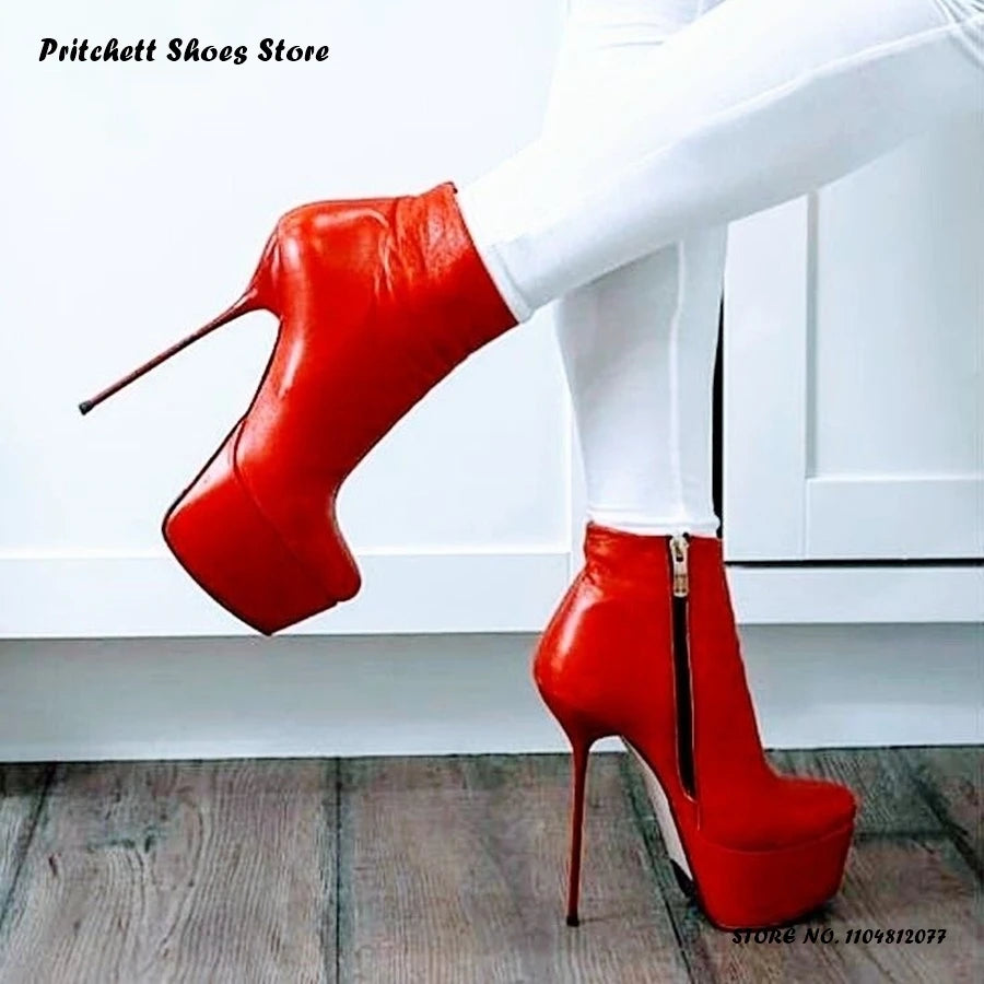 Women's Red Platform Stiletto Booties Spring Autumn Sexy Solid Zipper Ankle Boots Round Toe Thin Heels Trending Party Footwear