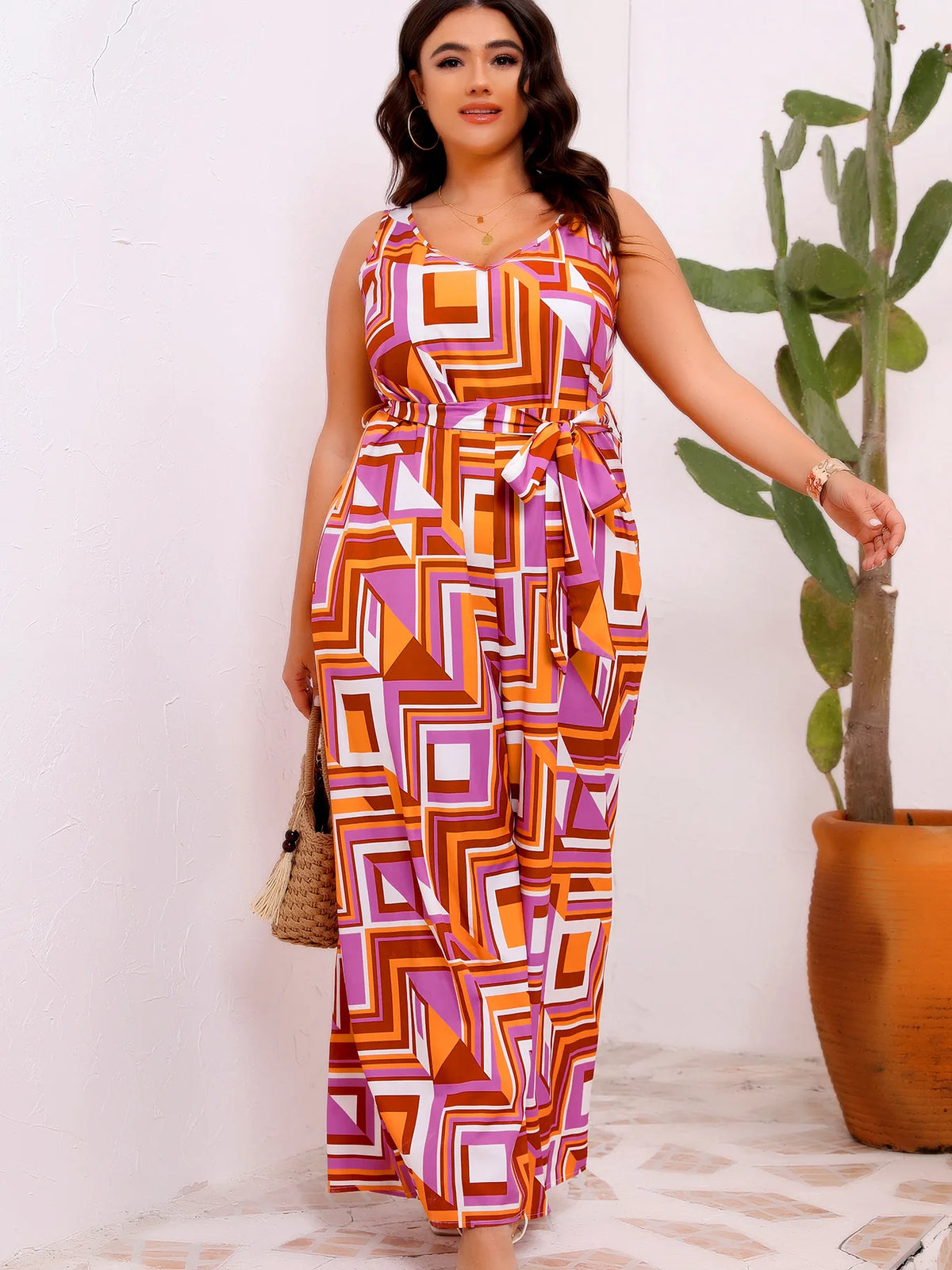 2026 Casual Print Plus Size Long Jumpsuit Women Summer Sleeveless Vacation Beachwear Lady Elegant Tank Pleated Bohemian Jumpsuit