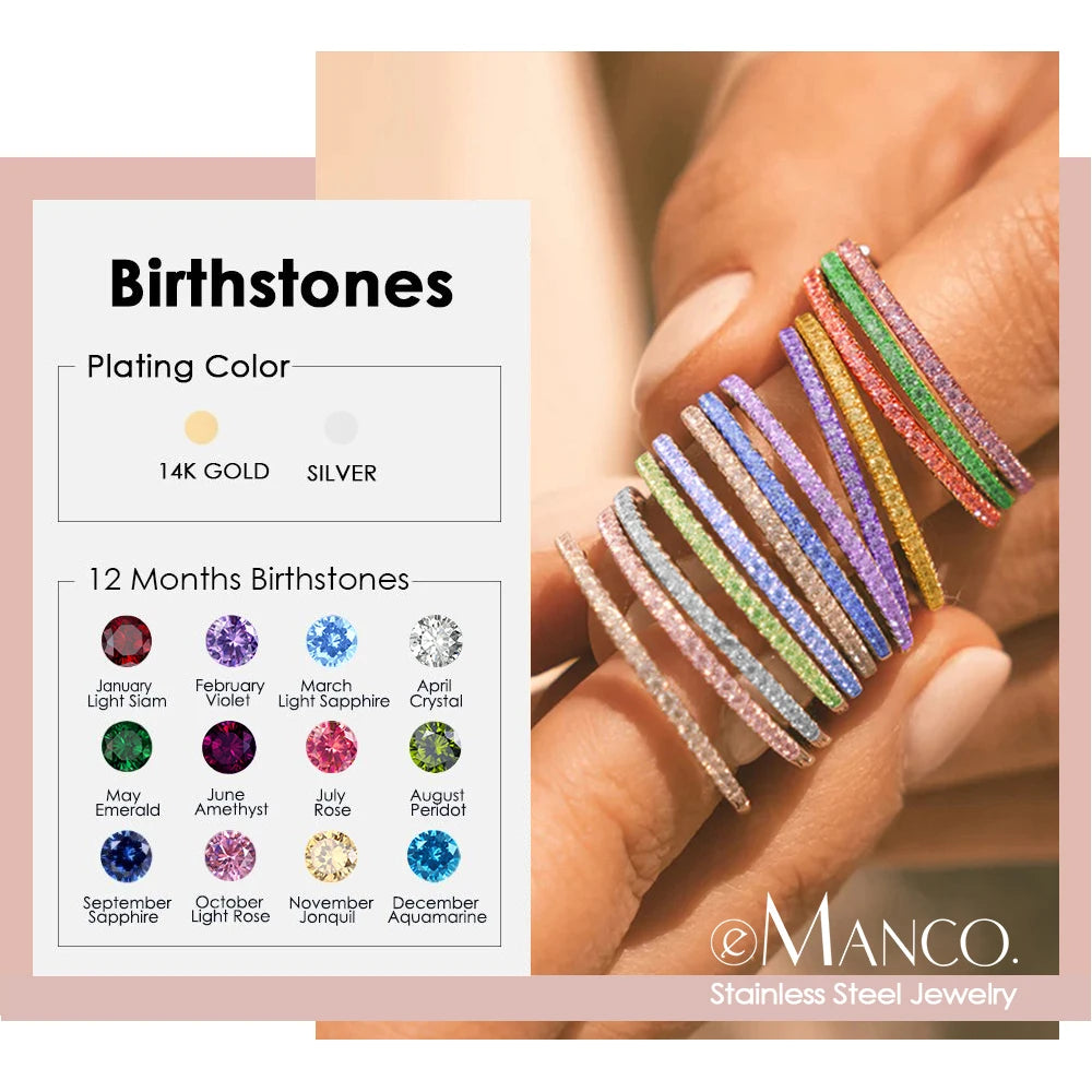 EMANCO Rhinestone Birthstone Stainless Steel Ring Luxury Jewelry Gift 12 Zodiac Sparkling Rings for Women Wholesale US5/6/7/8