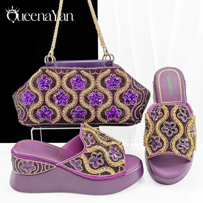 Queena Yan Popularity Open Toe Luxury Fashion Women High Heels Shoes and Bags Set With Rhinestone for Wedding Party Elegant