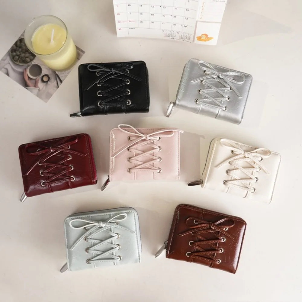 Simple Korean Style Bow Wallet Ultra Thin Short Clutch Card Bag Multi-function Zipper PU Leather Card Holder Travel Coin Purse