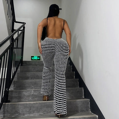 OMSJ New Style Backless Jumpsuits For Women Sexy Camisoles High Waist Hip Lifting Striped One-piece Rompers Flare Pants Clubwear