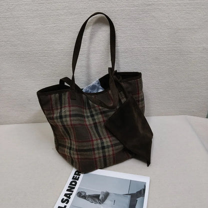 Autumn winter Women's Bag Large-capacity New Vintage Versatile Fashion  Wool Plaid Tote Student Simple Casual Daily