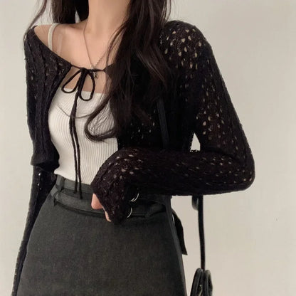 Women Tie Front Crop Cardigan Sheer Openwork Crochet Knit Top Lightweight Bolero Sweater Summer Fairycore Boho Chic Beach Outfit