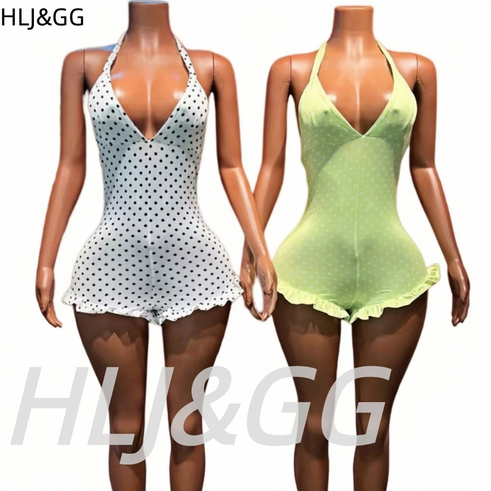 HLJ&GG Sexy Hot Girl Polka Dot Print Ruffle Bodycon One Piece Rompers Women Halter Backless Lace Up Playsuits Fashion Overalls