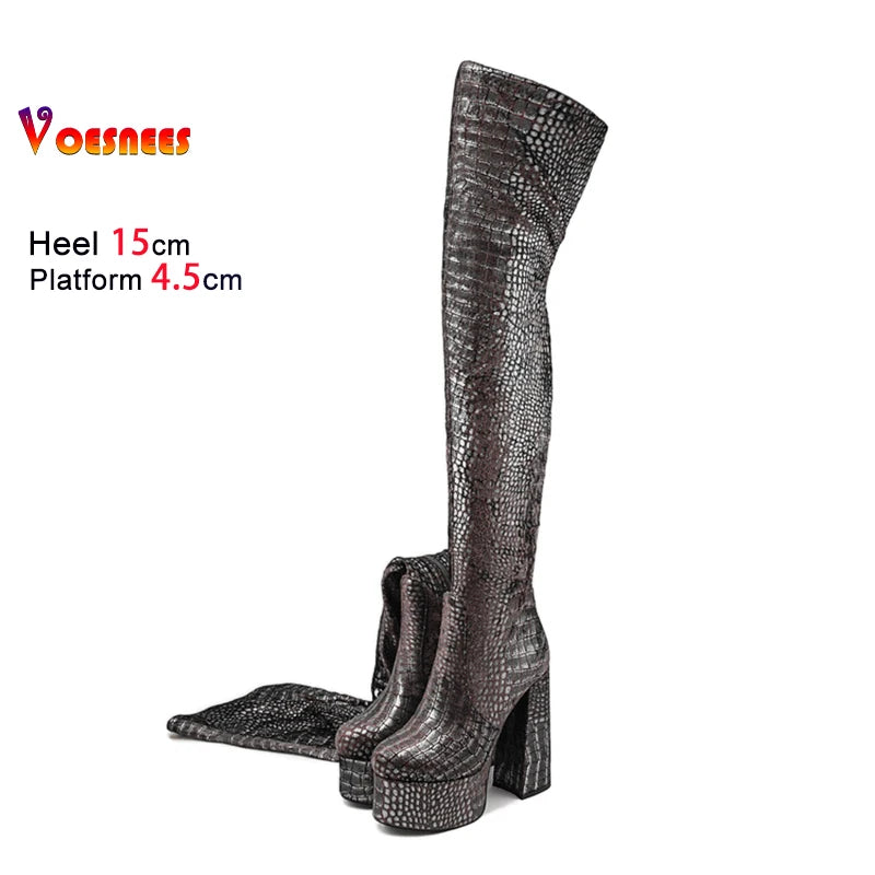 15CM Chunky Heel Platform Woman Over-the-knee Snake Pattern Boots Wild T Show Shoes Sexy Slimming Stretch Thigh Boots For Women