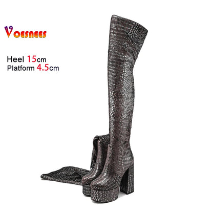 15CM Chunky Heel Platform Woman Over-the-knee Snake Pattern Boots Wild T Show Shoes Sexy Slimming Stretch Thigh Boots For Women
