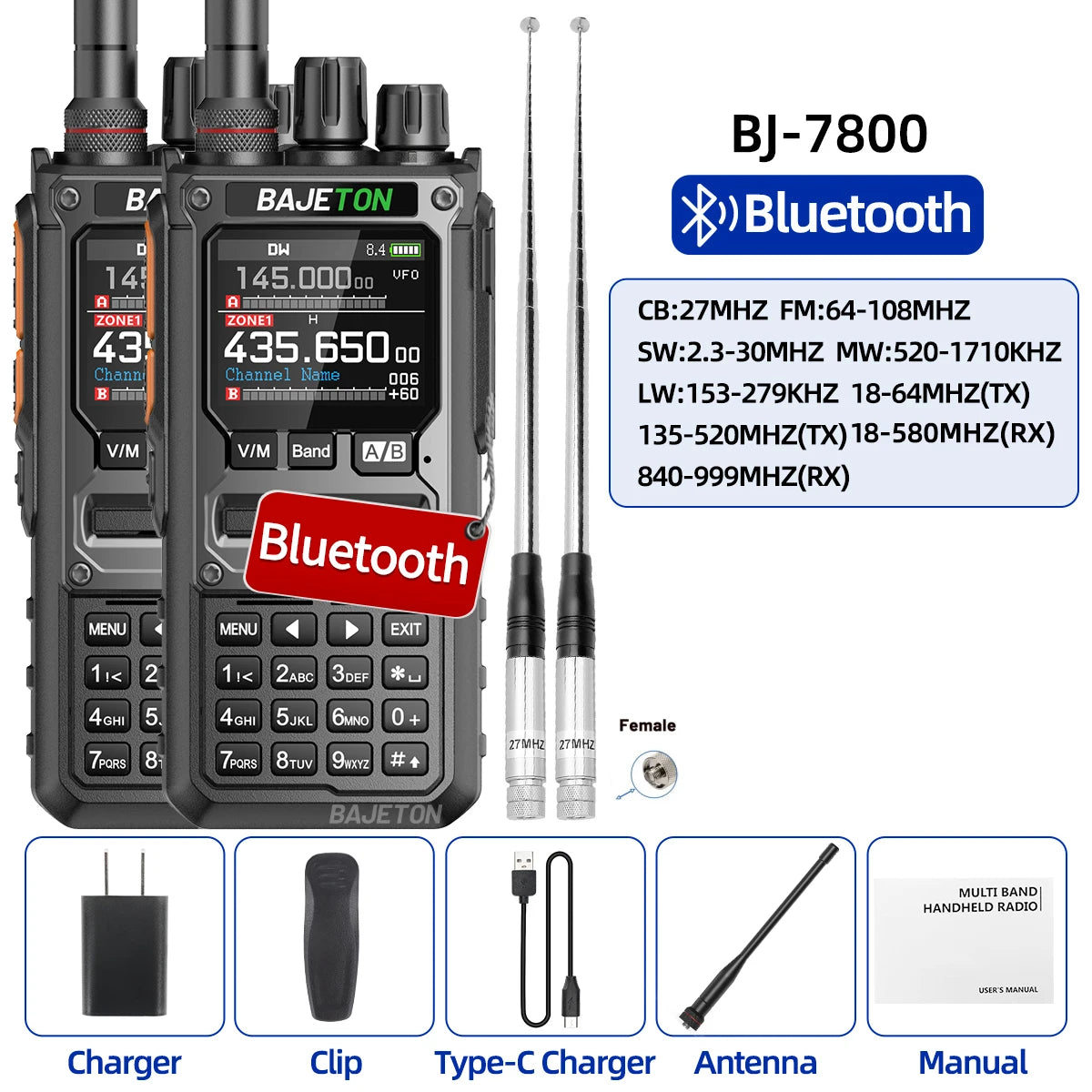 2PCS BAJETON BJ-7800 Walkie Talkie NOAA Long Range SW MW LW AM SSB CB Receive Wireless Bluetooth Phone Programming Two Way Radio