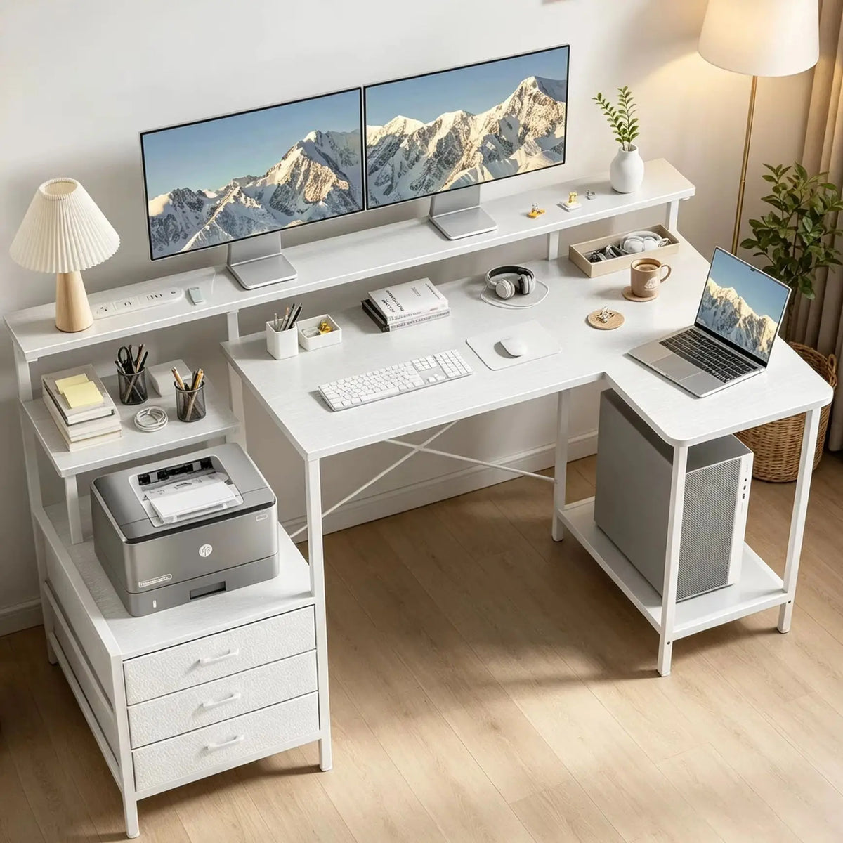 Ergonomic Computer Desk with Monitor Stand, RGB LED Gaming Desk, Featuring a Built-in Charging Station, Power Outlets, and USB Ports, Complete with Storage Drawers and a Fold-Out Side Table; Ideal for Home Offices and Gaming