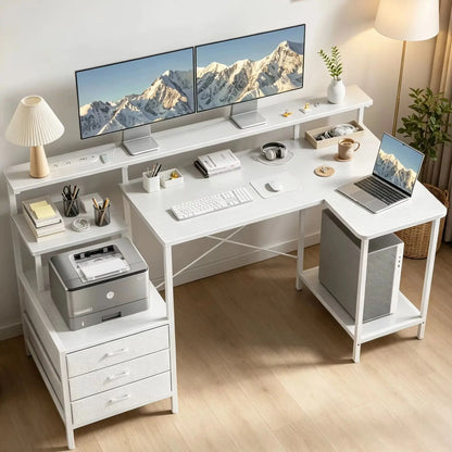 Ergonomic Computer Desk with Monitor Stand, RGB LED Gaming Desk, Featuring a Built-in Charging Station, Power Outlets, and USB Ports, Complete with Storage Drawers and a Fold-Out Side Table; Ideal for Home Offices and Gaming