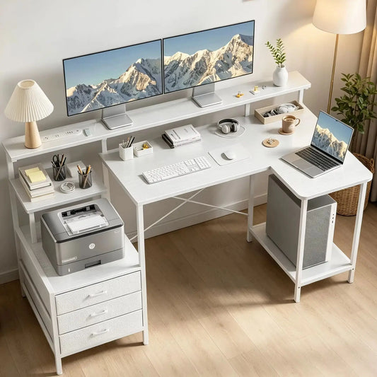 Ergonomic Computer Desk with Monitor Stand, RGB LED Gaming Desk, Featuring a Built-in Charging Station, Power Outlets, and USB Ports, Complete with Storage Drawers and a Fold-Out Side Table; Ideal for Home Offices and Gaming