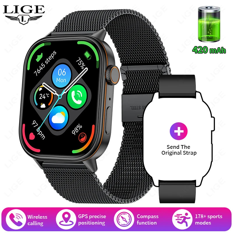 LIGE 2026 For Android IOS GPS Smart Watch Women 2.01" HD Screen Heart Rate Bluetooth Call Compass IP68 Waterproof Men Smartwatch