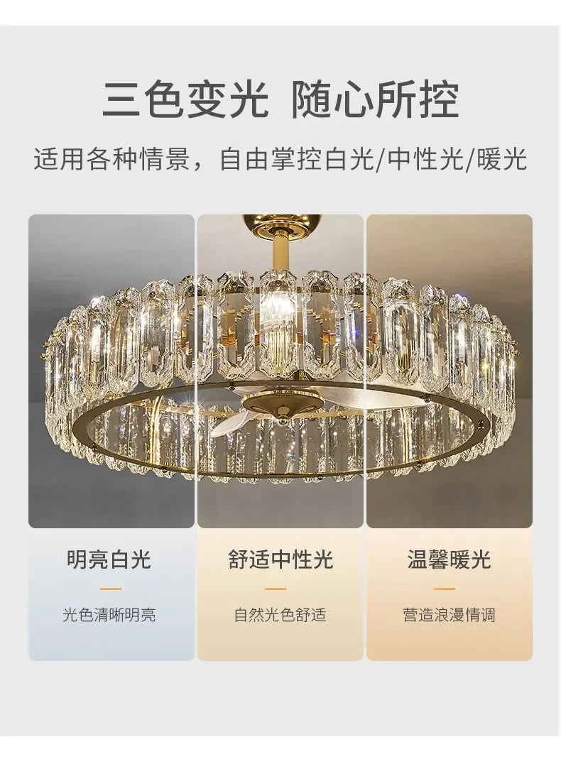 Nordic Luxury Crystal Ceiling Fan Light Modern Minimalist Dining Room Hotel Pendant Lights Living Room Bedroom Silent Fan lamp