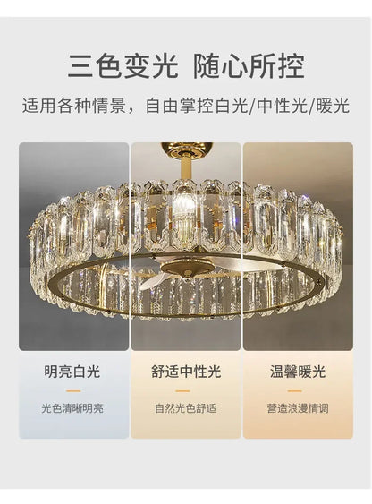 Nordic Luxury Crystal Ceiling Fan Light Modern Minimalist Dining Room Hotel Pendant Lights Living Room Bedroom Silent Fan lamp