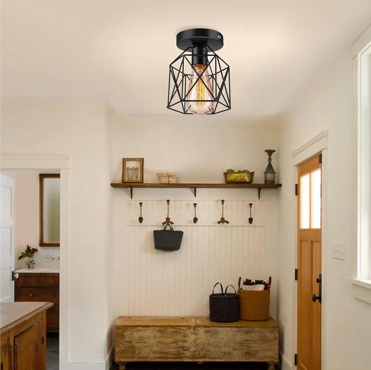 E27 Retro Ceiling Lamps Black Industrial Light Fixture Vintage Semi Flush Mount Ceiling Lights Porch Hallway Stairway Mini Metal