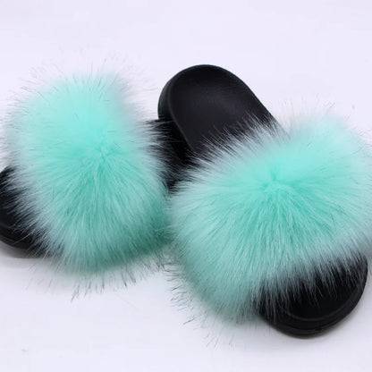 Women's  Faux Fox Fur Slides Fluffy Open Toe Slippers Indoor Outdoor Casual Flat Sandals Luxury Furry Slide Shoes for Ladies