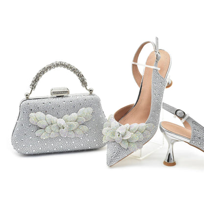 2024 Nigerian Style Rhinestone Medium Heeled Sandals for Women Fashion Wedding Party Shoes and Bags Set with Rhinestone