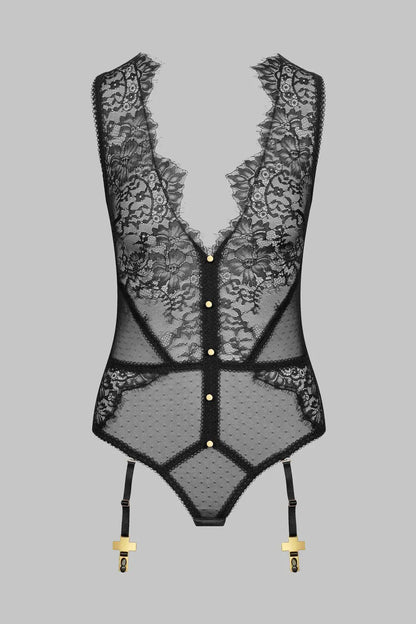 Ellolace Elegant Women's Clothing Extreme Hot Lace Bodysuit Fancy Sheer Tank Deep V Dot Gold Cross Garters Onepiece Dancewear