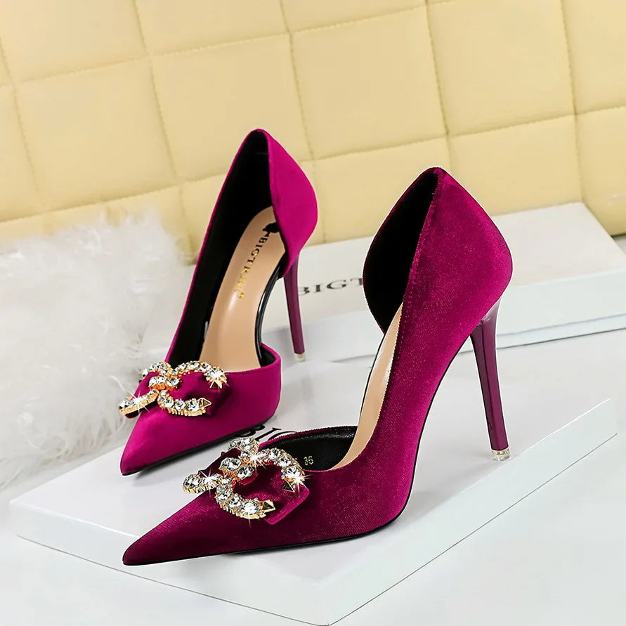 BIGTREE Party Pumps 7cm Thin High Heels Western Style Velvet Shallow Pointed Toe Side Hollow Crystal Pearl Bow Lady Shoes Pink