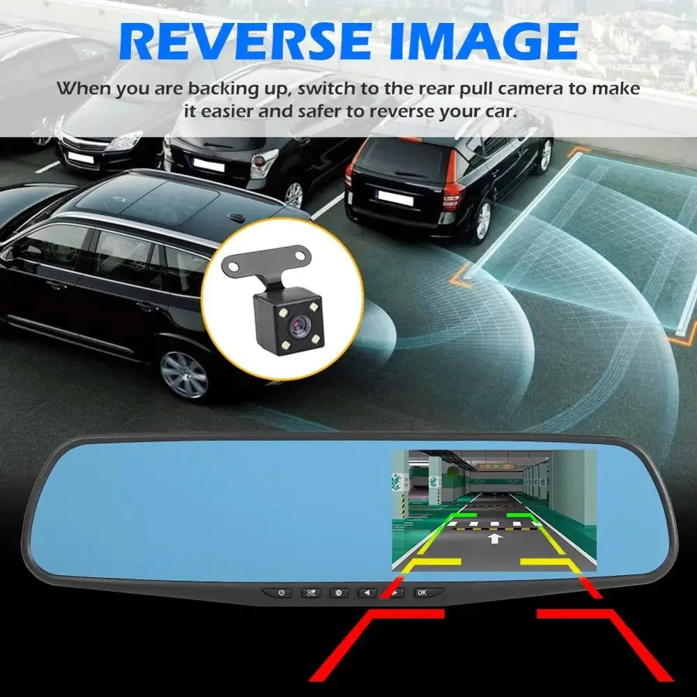 Dual Camera Dash Cam, Front/Rear Lenses, Rearview Mirror Cam, 64GB Card, Night Vision, Wide Angle, Loop Recording