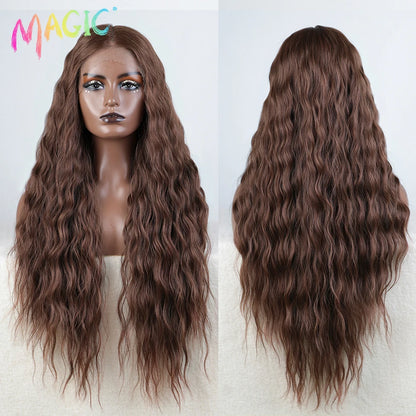 Magic Synthetic Lace Front Wig Long Deep Wavy 30 Inch Ombre Blonde Ginger Lace Wigs For Black Women Heat Resistant Cosplay Wigs