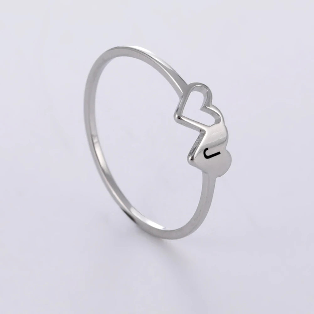 COOLTIME Initial Letter Ring for Women Stainless Steel A-Z Alphabet Double Heart Rings Simple Wedding Cheap Gift For Lover