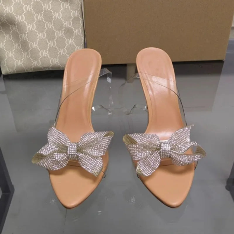 2025 Summer Transparent Slingbacks Women's Sandals Luxury Rhinestone Bow Elegant Pointed Toe High Heeled Bridal Wedding Shoes