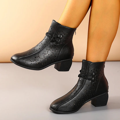 2025 Summer New Women's Fashion Hollow-Out Soft Sole Mid-Heel Ankle Boots, Retro Breathable Comfortable Shoes