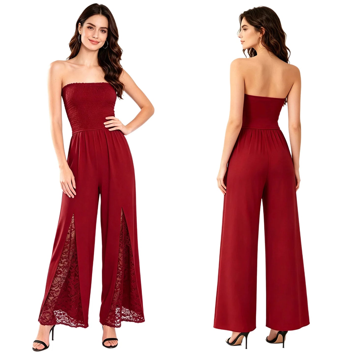 Women Strapless Jumpsuit Bandeau Elastic Bodice Sheer Floral Lace Patchwork Wide Leg Romper for Beach Vacation Party