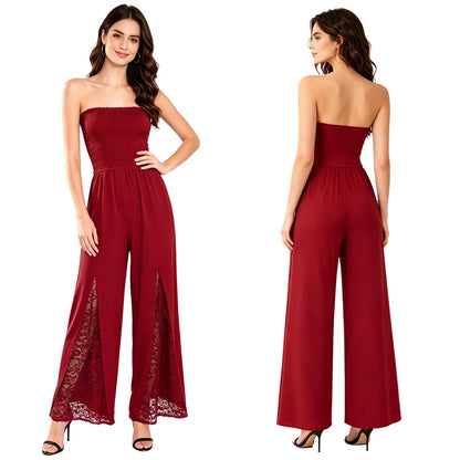 Women Strapless Jumpsuit Bandeau Elastic Bodice Sheer Floral Lace Patchwork Wide Leg Romper for Beach Vacation Party