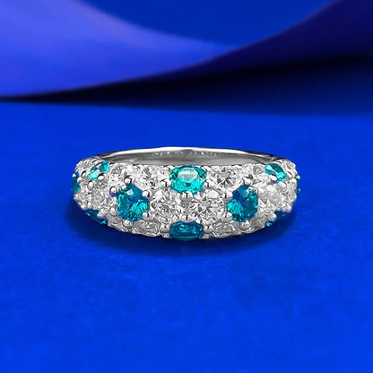 luxury 18K white gold and platinum PT950 Paraiba half-circle full-set diamond ring for women's baby's breath high jewelry