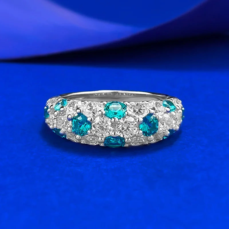 luxury 18K white gold and platinum PT950 Paraiba half-circle full-set diamond ring for women's baby's breath high jewelry